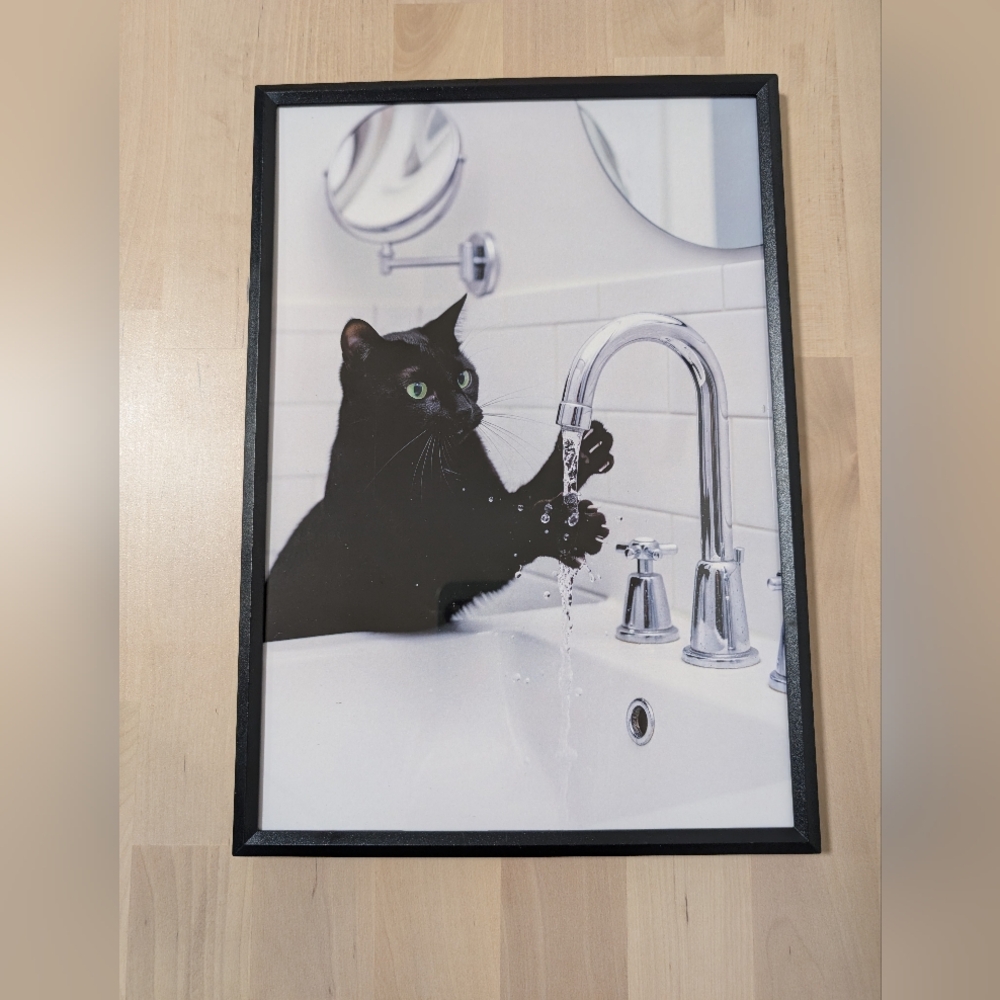 Framed Black Cat Bathroom Wall Art